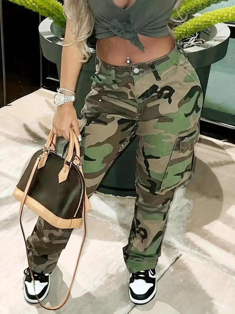 High Waist Straight Camouflage Cargo Pants Jeans